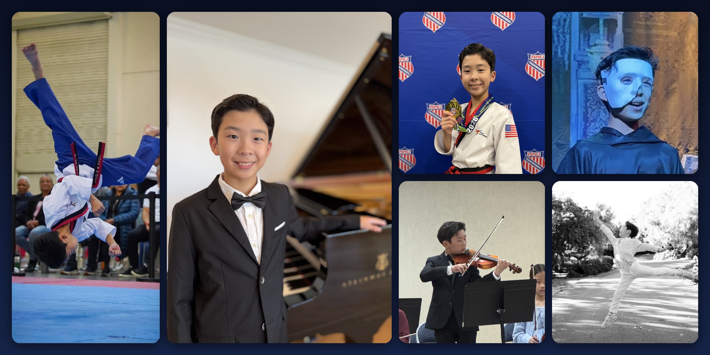 Taekwondo, piano, violin, and stage performances