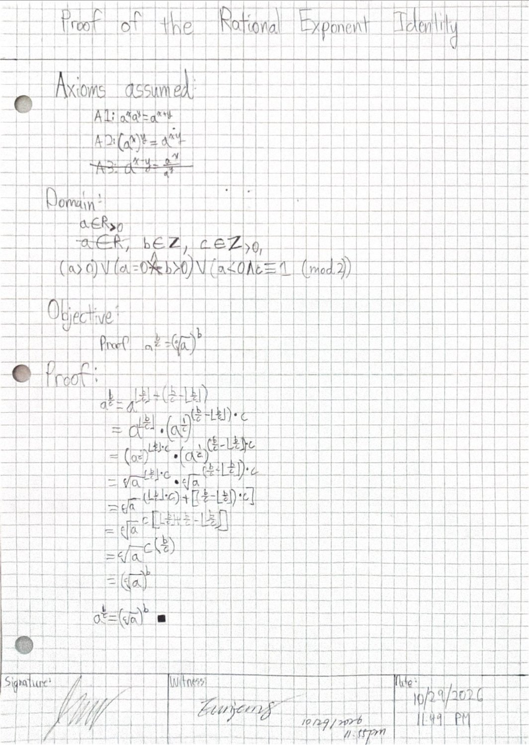 Handwritten proof of the rational exponent identity