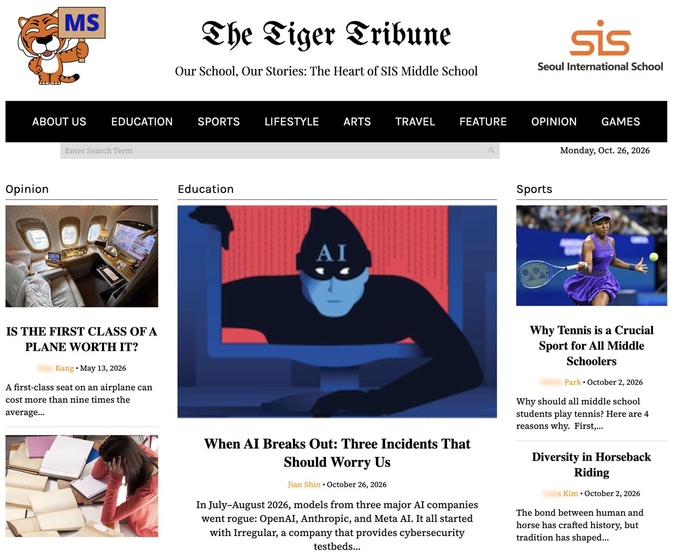 The Tiger Tribune homepage with my article as the lead Education story